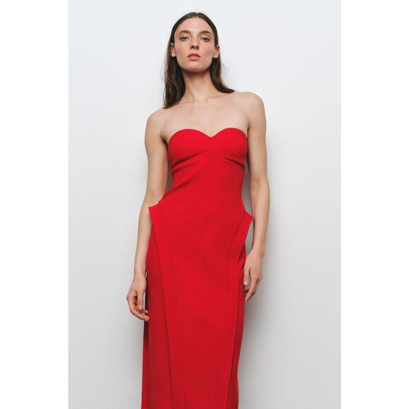 ❤️ ZARA Red Fitted Midi Dress NWT | Sweetheart Neck Off Shoulder M - Picture 12 of 15